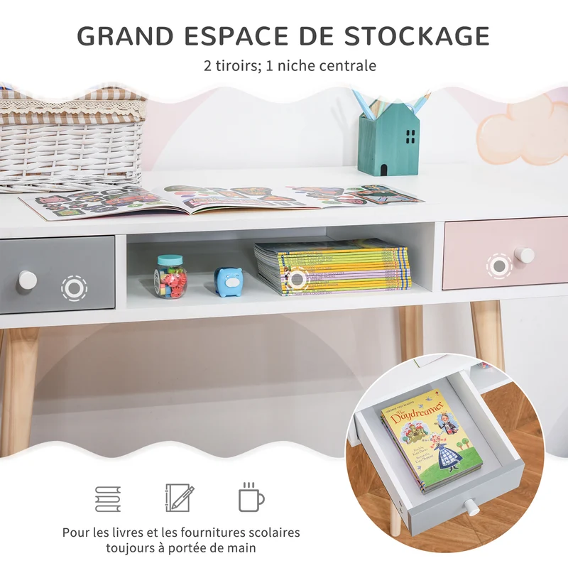 Bureau enfant scandinave chambre 100 x 48 x 76.5 cm 2 tiroirs rangement pieds effilés épuré contemporain en MDF blanc 21_0000188