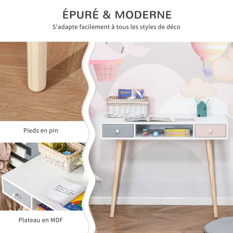 Bureau enfant scandinave chambre 100 x 48 x 76.5 cm 2 tiroirs rangement pieds effilés épuré contemporain en MDF blanc 21_0000188