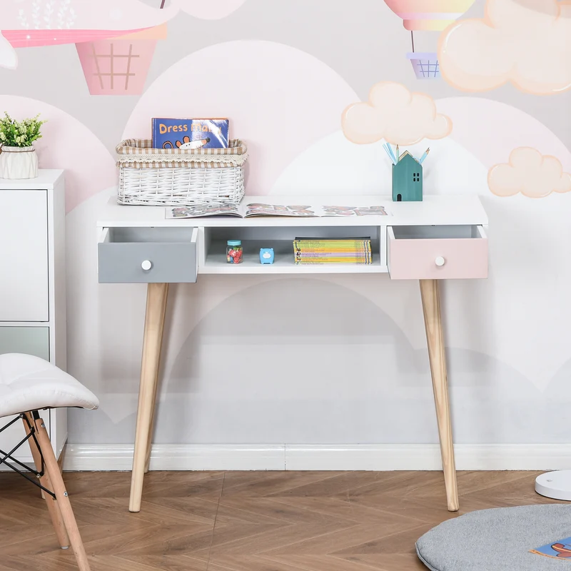 Bureau enfant scandinave chambre 100 x 48 x 76.5 cm 2 tiroirs rangement pieds effilés épuré contemporain en MDF blanc 21_0000188