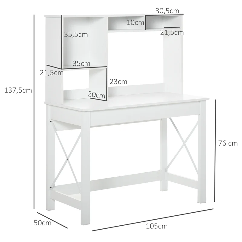Bureau bibliothèque gain de place 105 x 50 x 137,5 cm grand plateau rangement optimisé élégant contemporain en bois blanc 21_0002462