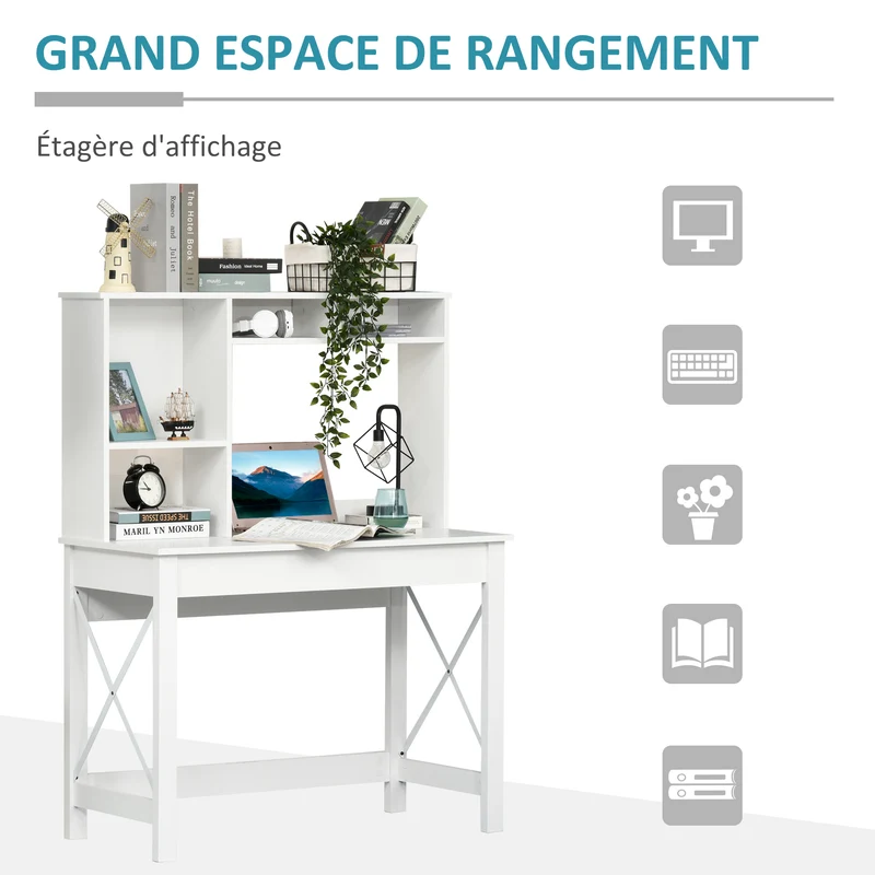 Bureau bibliothèque gain de place 105 x 50 x 137,5 cm grand plateau rangement optimisé élégant contemporain en bois blanc 21_0002462