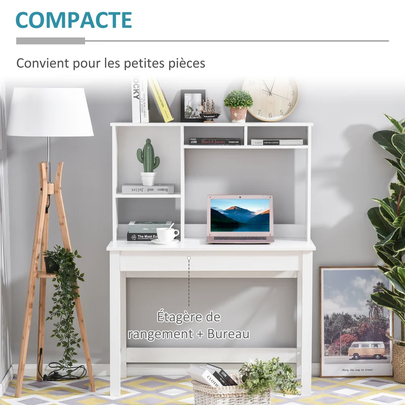 Bureau bibliothèque gain de place 105 x 50 x 137,5 cm grand plateau rangement optimisé élégant contemporain en bois blanc 21_0002462