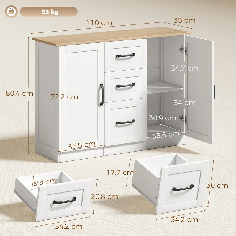 Buffet salon rangement 110 x 35 x 80,4 cm fermeture douce anti basculement style moderne en panneau de particules blanc 21_0003654