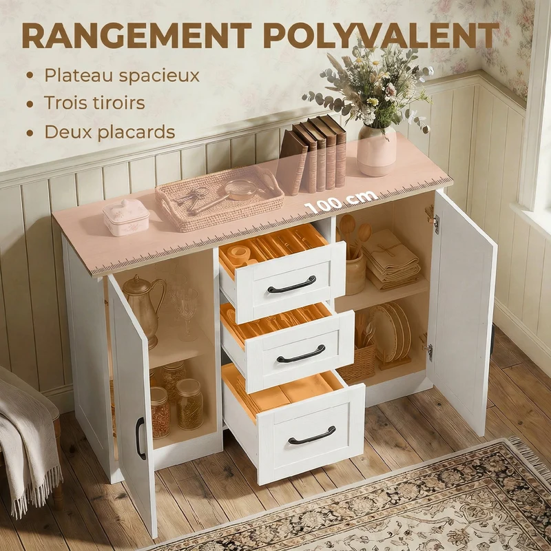 Buffet salon rangement 110 x 35 x 80,4 cm fermeture douce anti basculement style moderne en panneau de particules blanc 21_0003654