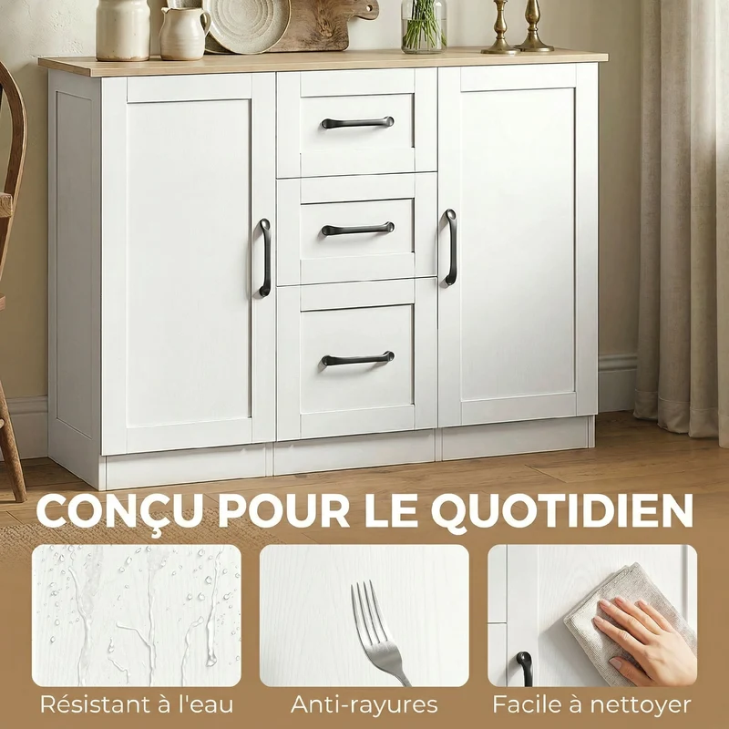 Buffet salon rangement 110 x 35 x 80,4 cm fermeture douce anti basculement style moderne en panneau de particules blanc 21_0003654