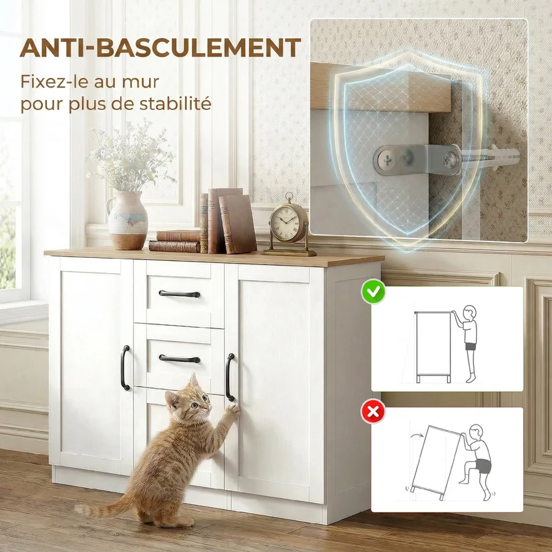Buffet salon rangement 110 x 35 x 80,4 cm fermeture douce anti basculement style moderne en panneau de particules blanc 21_0003654