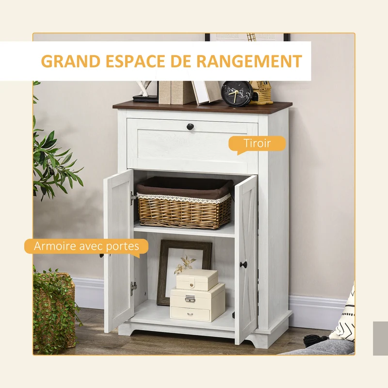 Buffet salon 60 x 30 x 87,5 cm plan spacieux tiroir et étagère réglable contemporain en panneau de particules blanc 21_0002900