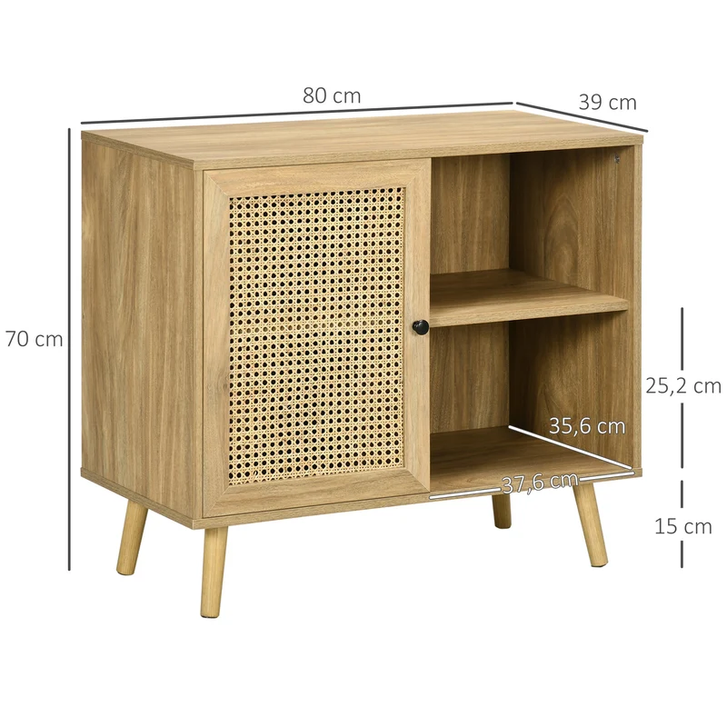 Buffet de rangement 1 porte cannage 80 x 39 x 70 cm multi rangements et plateau déco vintage scandinave en rotin naturel 21_0002296