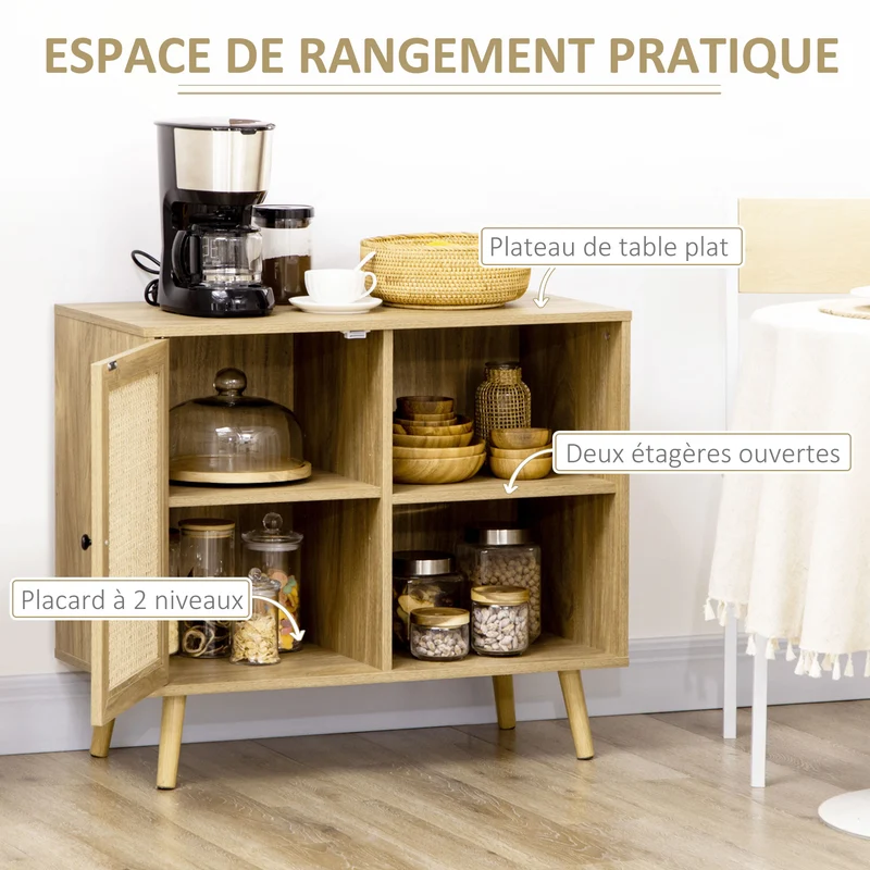 Buffet de rangement 1 porte cannage 80 x 39 x 70 cm multi rangements et plateau déco vintage scandinave en rotin naturel 21_0002296