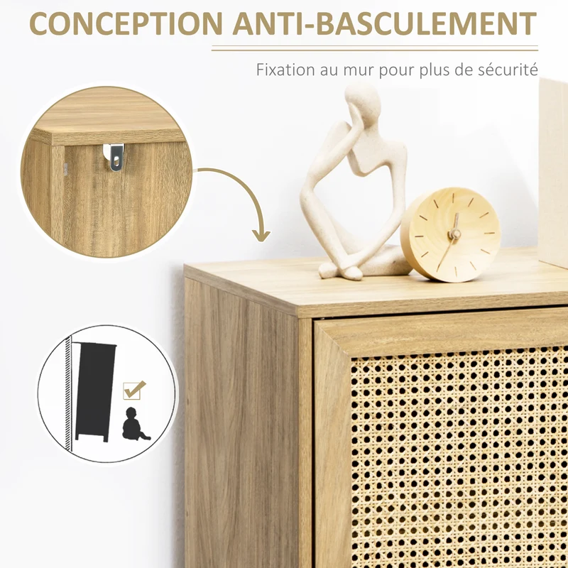 Buffet de rangement 1 porte cannage 80 x 39 x 70 cm multi rangements et plateau déco vintage scandinave en rotin naturel 21_0002296