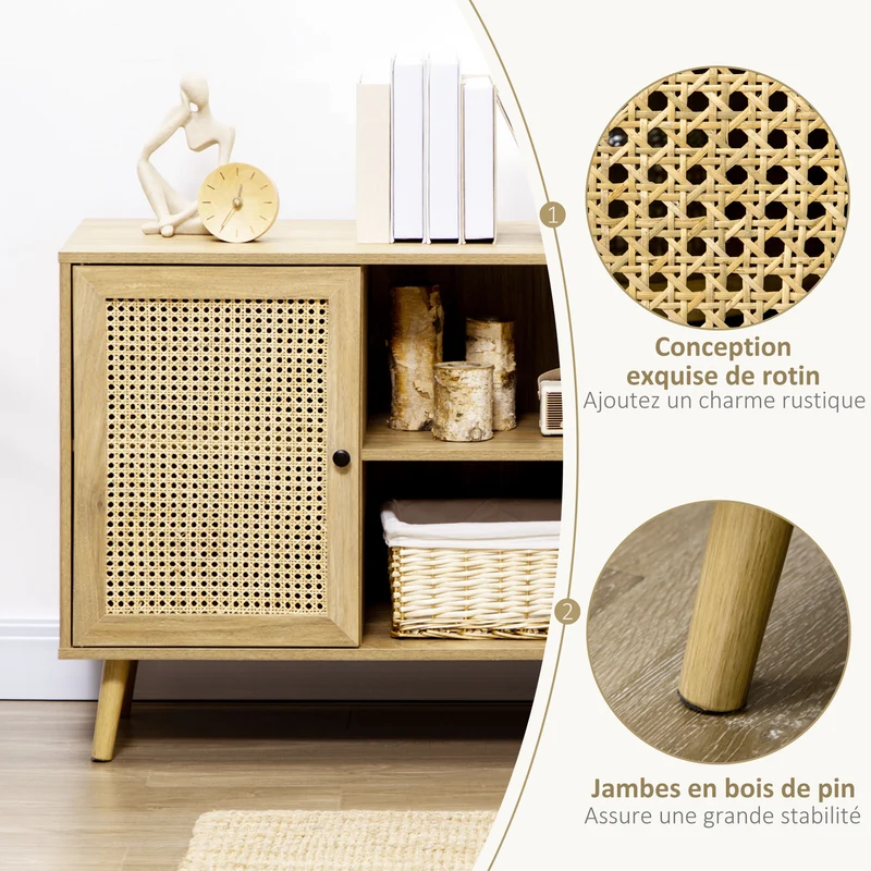 Buffet de rangement 1 porte cannage 80 x 39 x 70 cm multi rangements et plateau déco vintage scandinave en rotin naturel 21_0002296