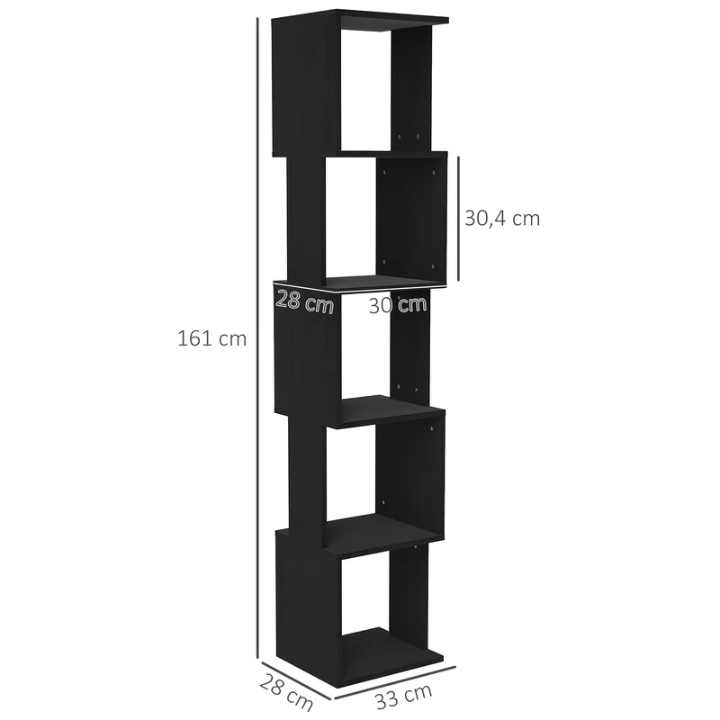 Bibliothèque étagère 5 niveaux salon 33 x 28 x 161 cm rangement compact sécurisé moderne en panneau de particules noir 21_0002489