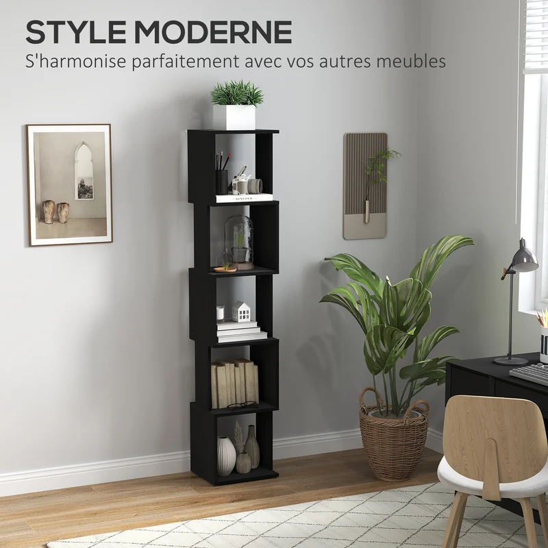 Bibliothèque étagère 5 niveaux salon 33 x 28 x 161 cm rangement compact sécurisé moderne en panneau de particules noir 21_0002489