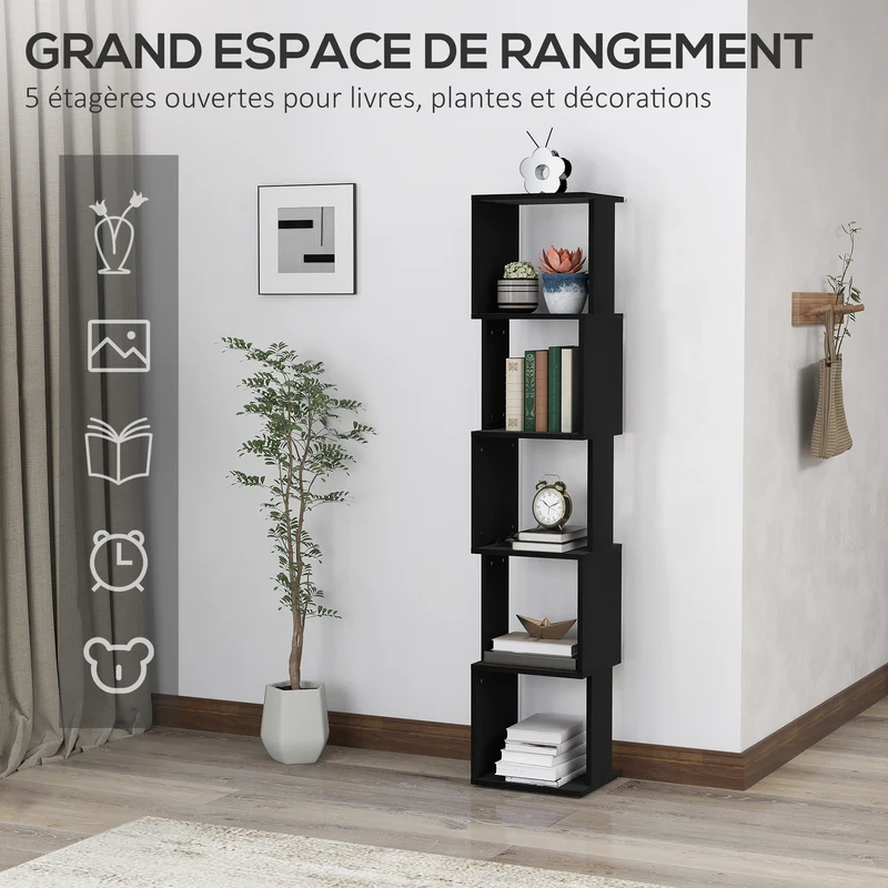 Bibliothèque étagère 5 niveaux salon 33 x 28 x 161 cm rangement compact sécurisé moderne en panneau de particules noir 21_0002489