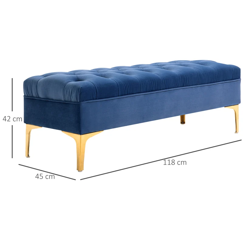 Banquette capitonnée bout de lit 118 x 45 x 42 cm rangement et confort classique chic piètement doré en polyester bleu 21_0001415