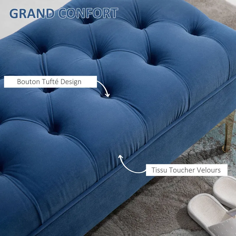 Banquette capitonnée bout de lit 118 x 45 x 42 cm rangement et confort classique chic piètement doré en polyester bleu 21_0001415