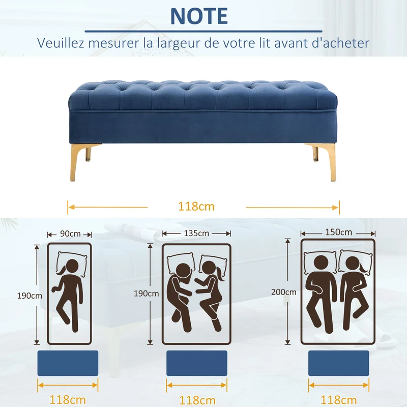 Banquette capitonnée bout de lit 118 x 45 x 42 cm rangement et confort classique chic piètement doré en polyester bleu 21_0001415