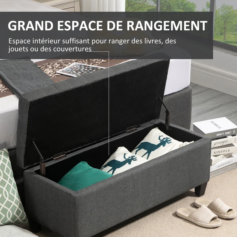 Banc de rangement bout de lit 100 x 40 x 44 cm capitonné détails boutonnés rangement vintage en polyester gris foncé 21_0002848