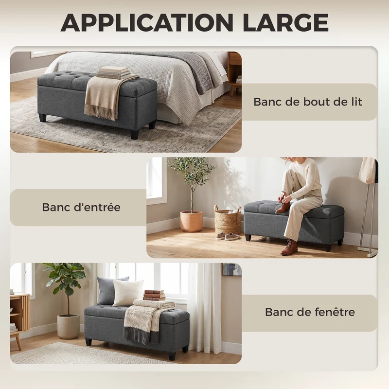 Banc de rangement bout de lit 100 x 40 x 44 cm capitonné détails boutonnés rangement vintage en polyester gris foncé 21_0002848
