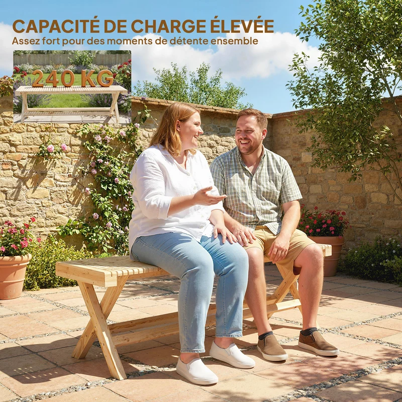 Banc de jardin assise à lattes 140 x 40 x 43 cm 2 places support 240 kg design rustique pour terrasse en bois naturel 21_0005735