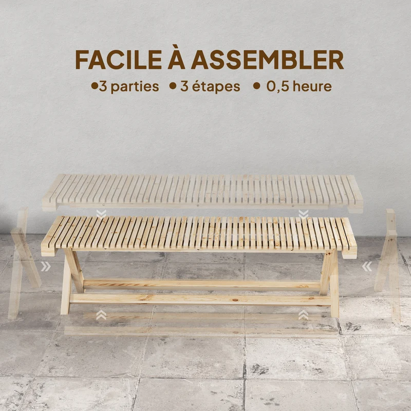 Banc de jardin assise à lattes 140 x 40 x 43 cm 2 places support 240 kg design rustique pour terrasse en bois naturel 21_0005735