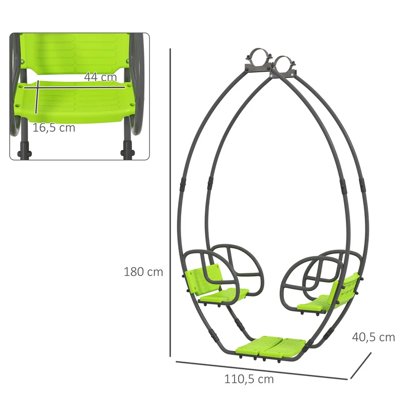 Balançoire pour enfants 2 places jardin 110,5 x 40,5 x 180 cm dossier et poignées sécurisées style moderne en métal vert 21_0000373