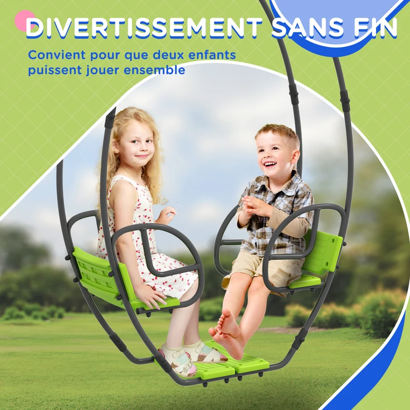 Balançoire pour enfants 2 places jardin 110,5 x 40,5 x 180 cm dossier et poignées sécurisées style moderne en métal vert 21_0000373