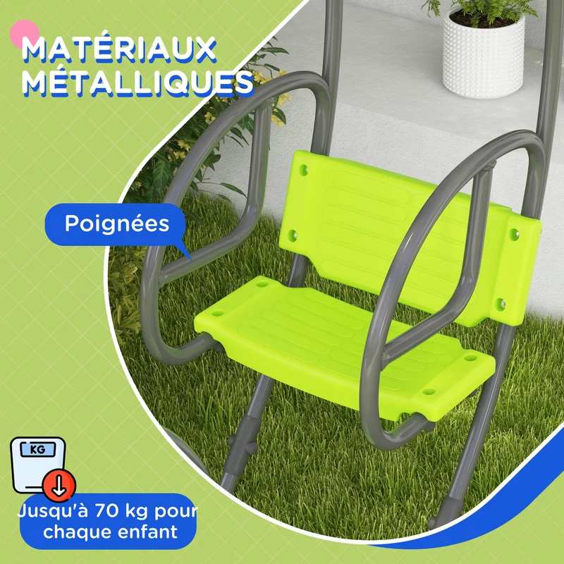 Balançoire pour enfants 2 places jardin 110,5 x 40,5 x 180 cm dossier et poignées sécurisées style moderne en métal vert 21_0000373