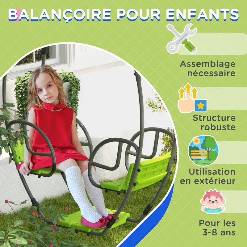 Balançoire pour enfants 2 places jardin 110,5 x 40,5 x 180 cm dossier et poignées sécurisées style moderne en métal vert 21_0000373