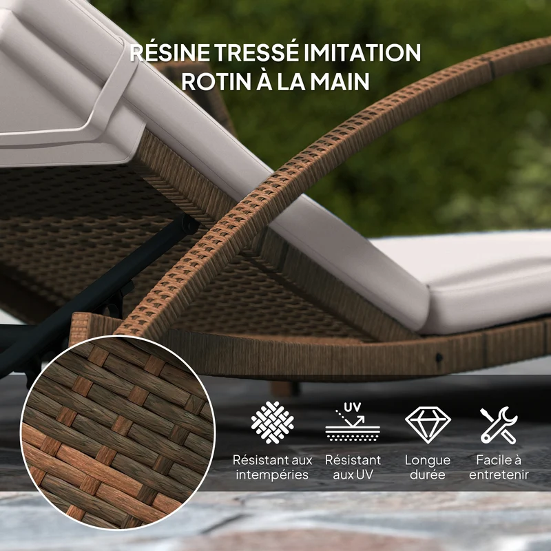 Bain de soleil forme en s 185 x 72 x 78 cm dossier 5 réglages roulettes contemporain jardin en résine tressée marron 21_0006007