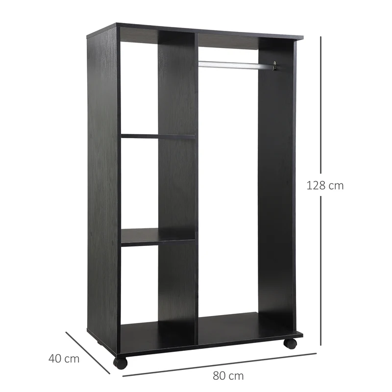Armoire penderie mobile ouverte 80 x 40 x 128 cm avec barre de penderie moderne épuré en panneau de particules noir 21_0001404