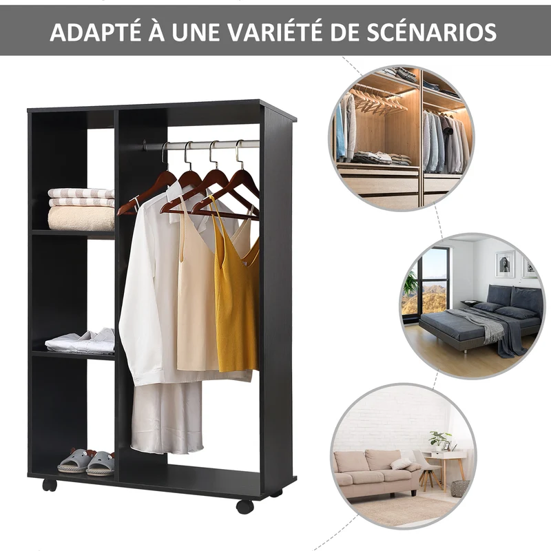 Armoire penderie mobile ouverte 80 x 40 x 128 cm avec barre de penderie moderne épuré en panneau de particules noir 21_0001404