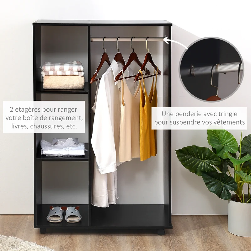 Armoire penderie mobile ouverte 80 x 40 x 128 cm avec barre de penderie moderne épuré en panneau de particules noir 21_0001404