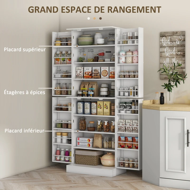 Armoire de cuisine 60 x 35 x 166 cm étagères réglables anti-basculement moderne pratique en panneau de particules blanc 21_0003232