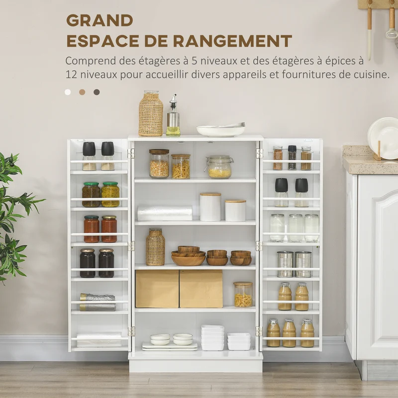 Armoire de cuisine 60 x 30 x 104 cm 5 étagères 12 porte-épices rangement sécurisé style épuré fini peint en MDF blanc 21_0003200