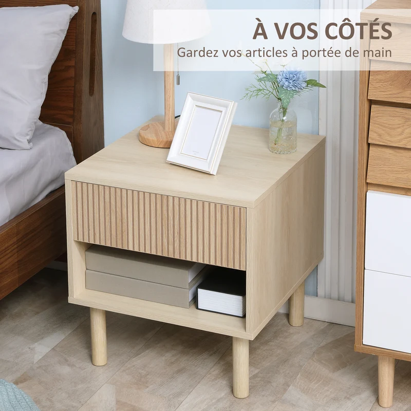 Table de chevet avec tiroir 47 x 47 x 50 cm rangement niche ouverte moderne épuré en panneau de particules bois naturel 21_0001512
