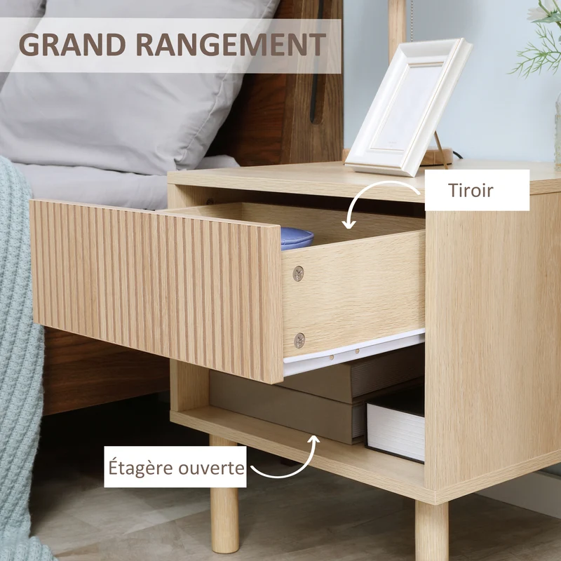 Table de chevet avec tiroir 47 x 47 x 50 cm rangement niche ouverte moderne épuré en panneau de particules bois naturel 21_0001512