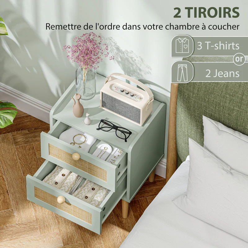 Table de chevet 39.8 x 30 x 52.5 cm 2 tiroirs anti basculement patins antidérapants décoratif tendance en MDF vert olive 21_0001660