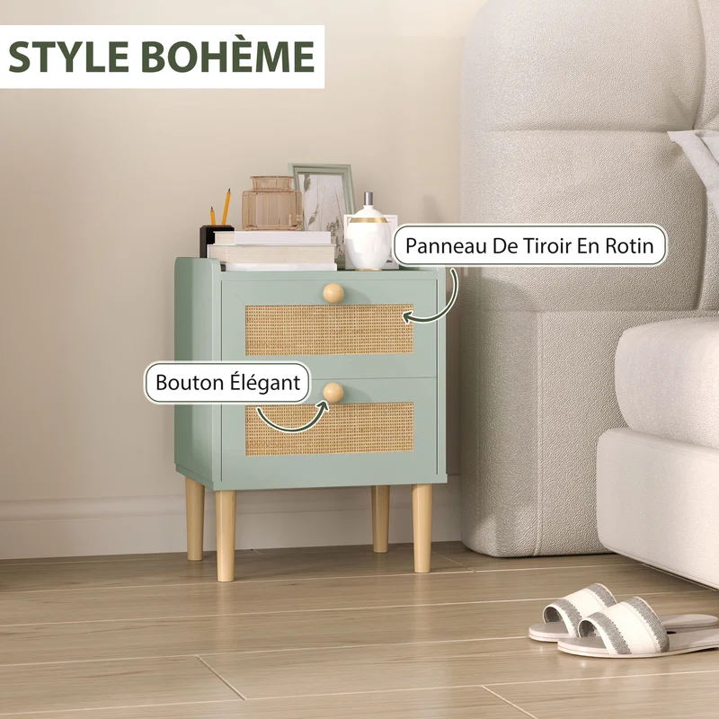 Table de chevet 39.8 x 30 x 52.5 cm 2 tiroirs anti basculement patins antidérapants décoratif tendance en MDF vert olive 21_0001660