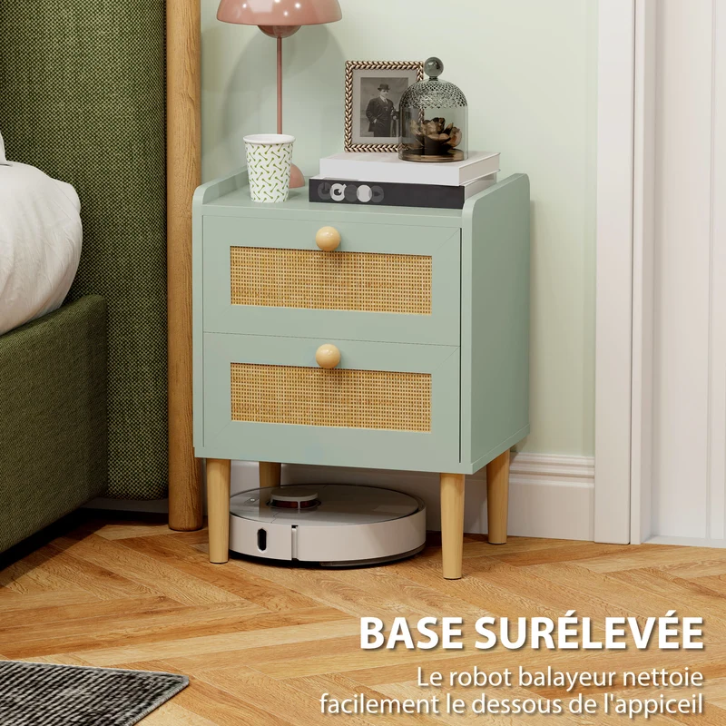 Table de chevet 39.8 x 30 x 52.5 cm 2 tiroirs anti basculement patins antidérapants décoratif tendance en MDF vert olive 21_0001660