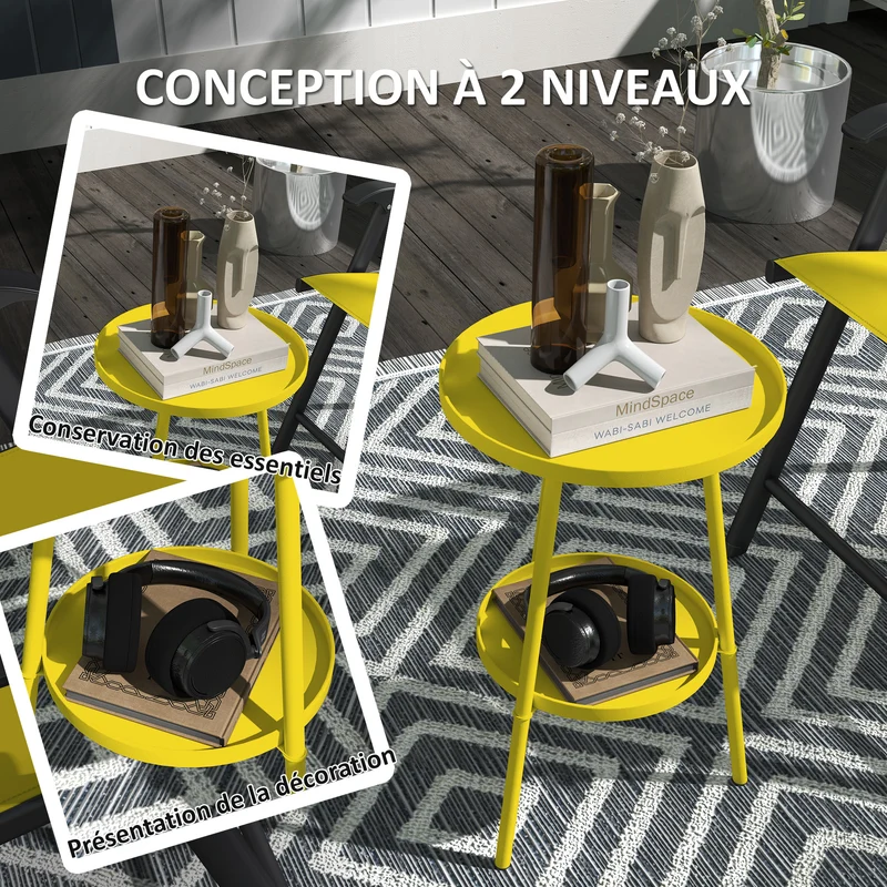 Table d'appoint ronde de jardin balcon 32 x 51 cm à deux niveaux facile à nettoyer moderne minimaliste en métal jaune 21_0005263