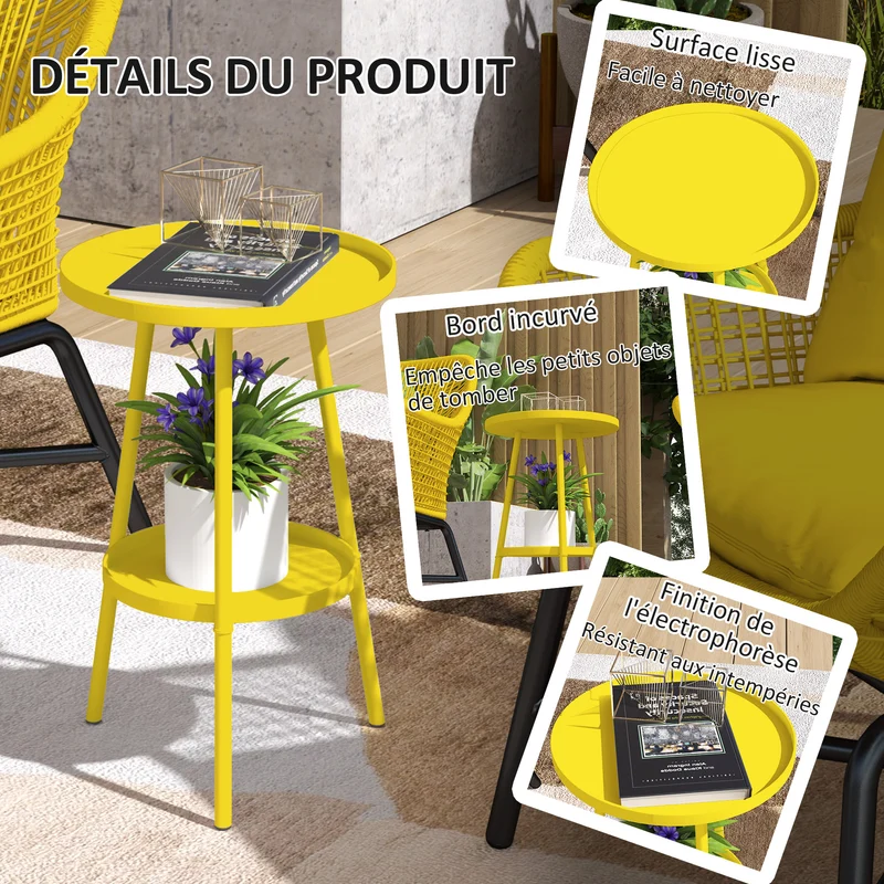 Table d'appoint ronde de jardin balcon 32 x 51 cm à deux niveaux facile à nettoyer moderne minimaliste en métal jaune 21_0005263