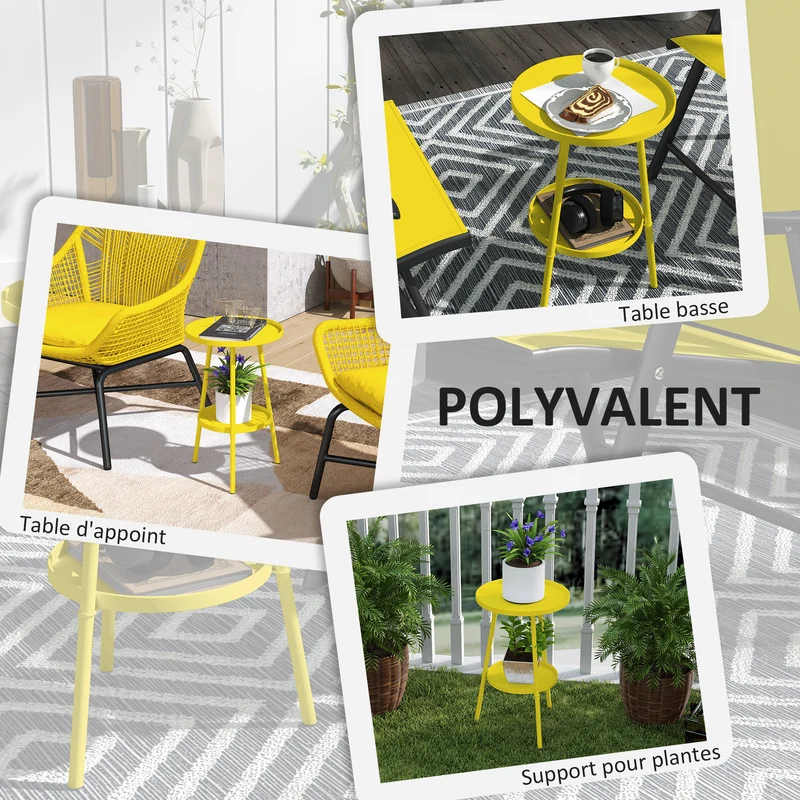Table d'appoint ronde de jardin balcon 32 x 51 cm à deux niveaux facile à nettoyer moderne minimaliste en métal jaune 21_0005263