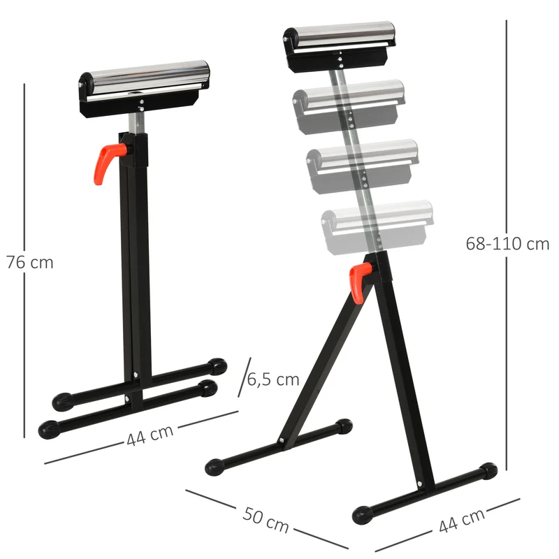 Support à rouleaux pliable atelier 44 x 50 x 68-110 cm hauteur réglable capacité 90 kg industriel épuré en métal noir 21_0008044