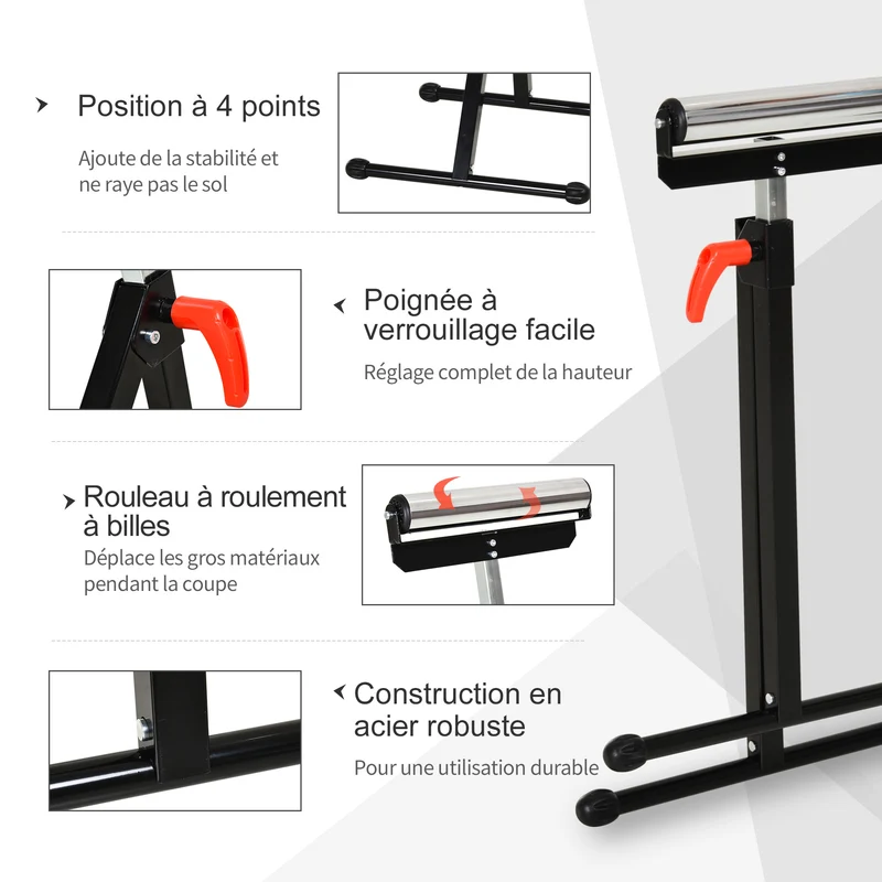 Support à rouleaux pliable atelier 44 x 50 x 68-110 cm hauteur réglable capacité 90 kg industriel épuré en métal noir 21_0008044