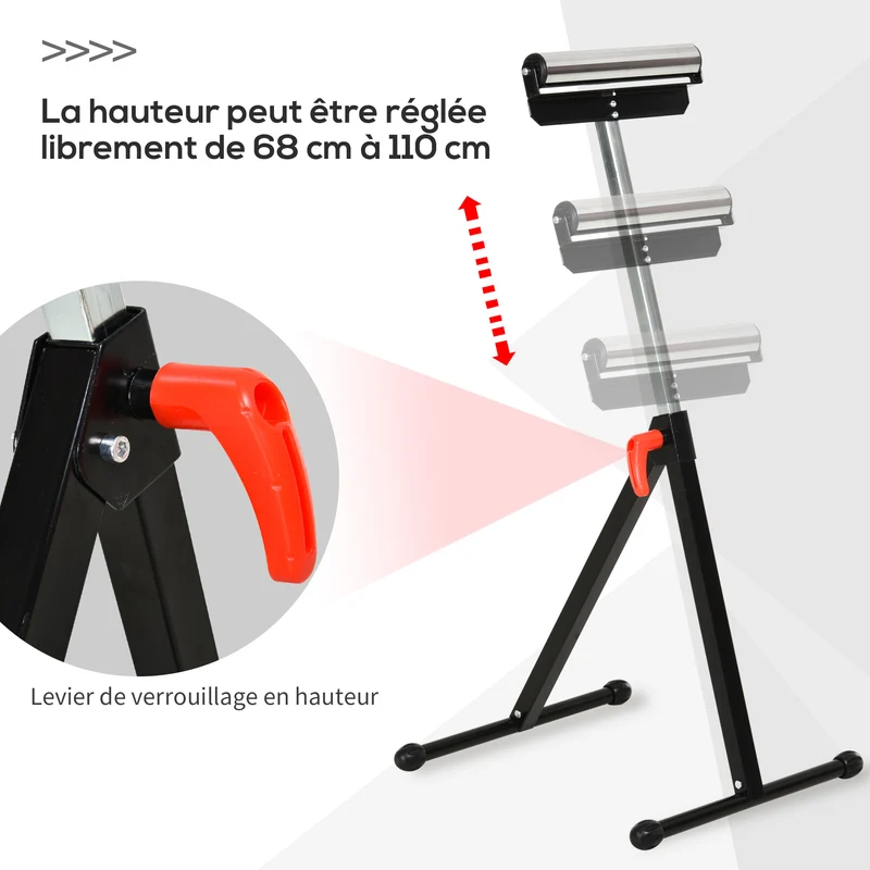 Support à rouleaux pliable atelier 44 x 50 x 68-110 cm hauteur réglable capacité 90 kg industriel épuré en métal noir 21_0008044