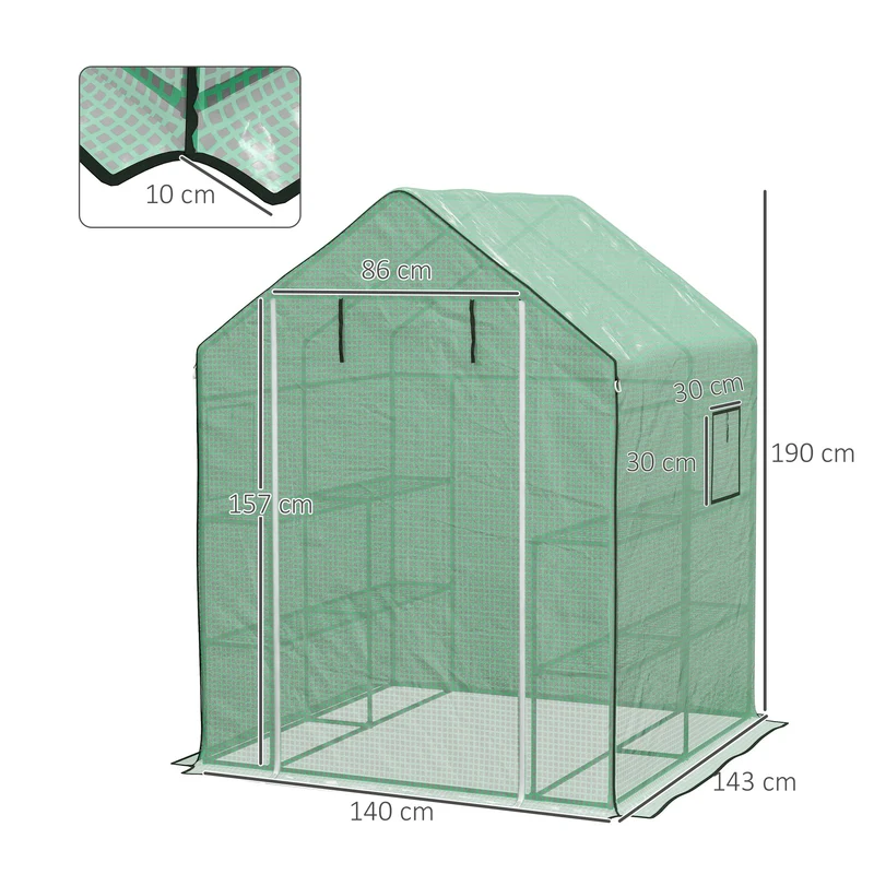 Serre de jardin compacte avec étagères 140 x 143 x 190 cm aération et haubanage épuré contemporain en polyéthylène vert 21_0004338