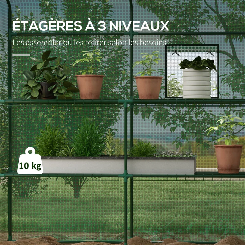 Serre de jardin compacte avec étagères 140 x 143 x 190 cm aération et haubanage épuré contemporain en polyéthylène vert 21_0004338