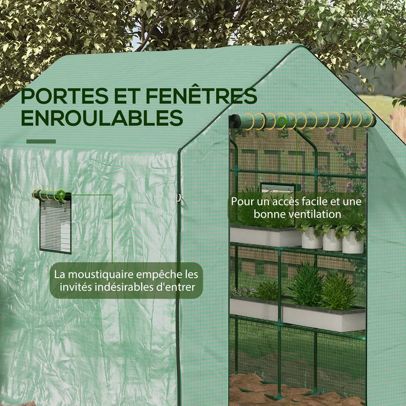 Serre de jardin compacte avec étagères 140 x 143 x 190 cm aération et haubanage épuré contemporain en polyéthylène vert 21_0004338