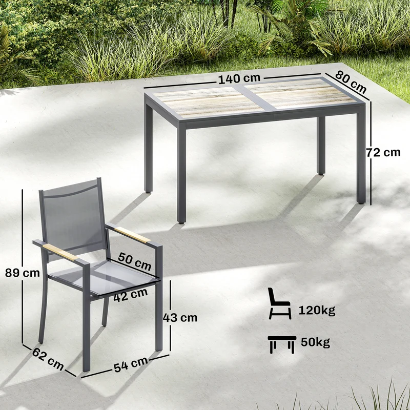 Salon de jardin ensemble repas 140 x 80 x 72 cm chaises empilables assise aérée style contemporain en acier gris foncé 21_0005744